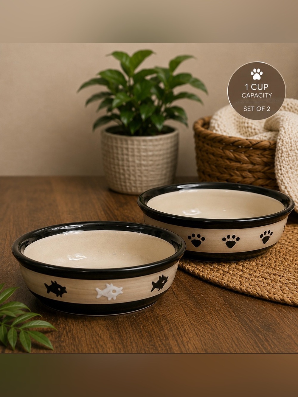 PetRageous Designs Stoneware Pet Bowl Set | Paw Print | 1 Cup | Set of 2